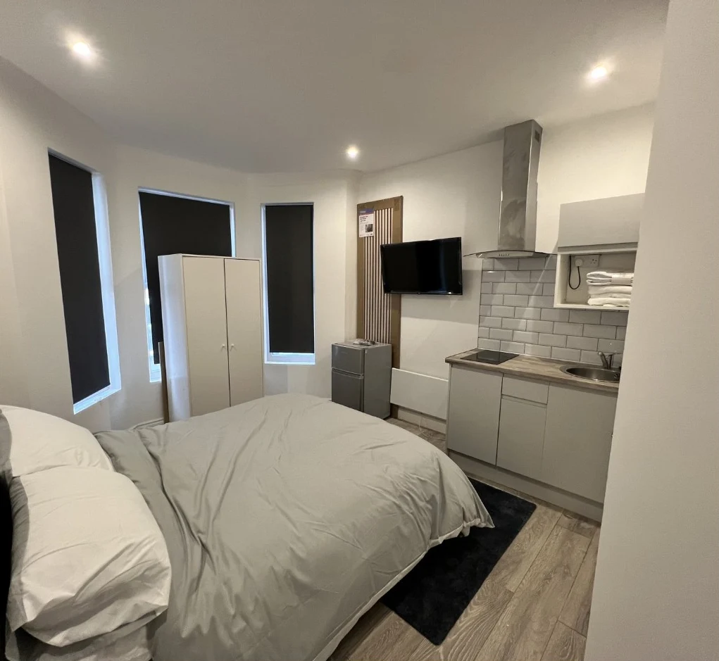 Completed bedroom and kitchenette at The Warren, Aldershot