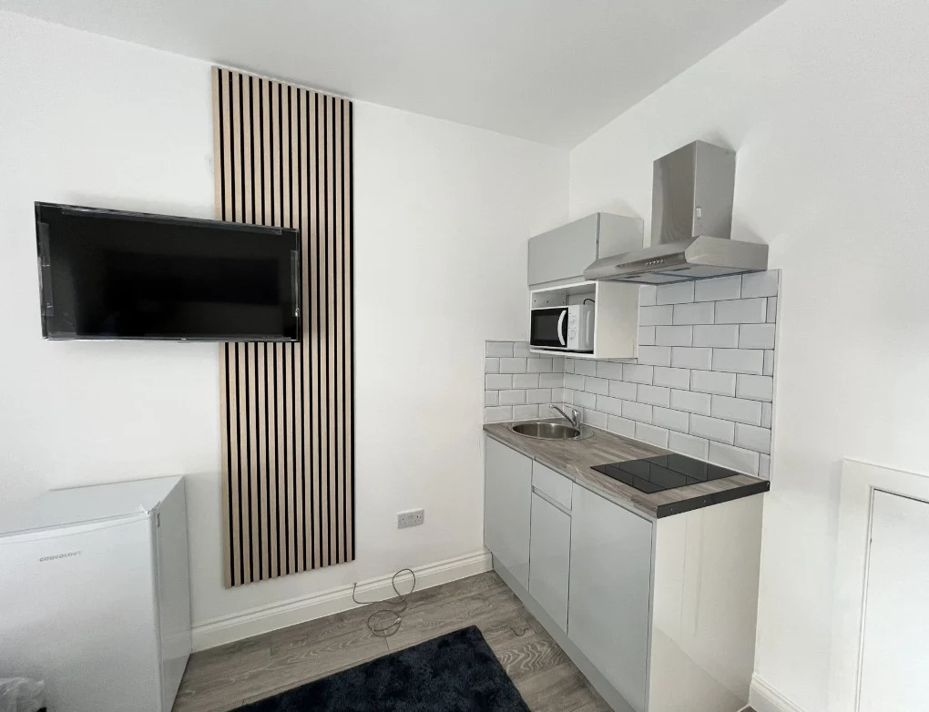 Finished room with kitchenette and wall-mounted television